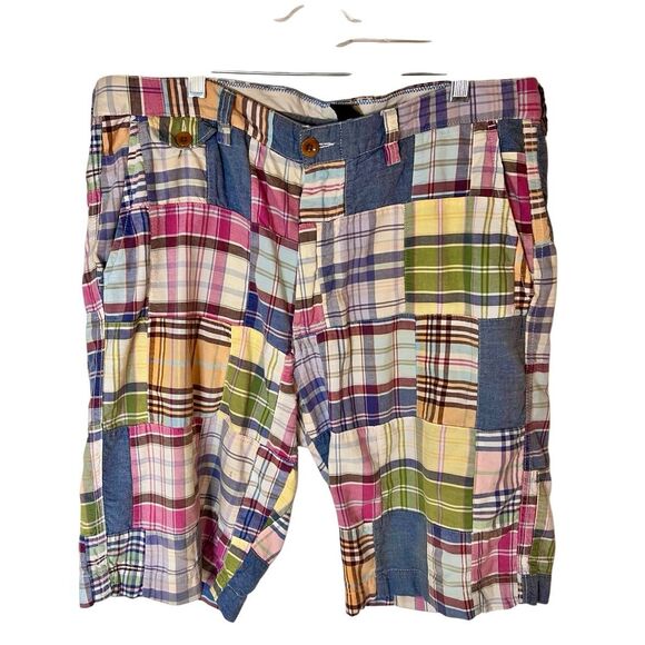 J. CREW Plaid Madras Patchwork Shorts Multicolor SZ 35W 100% Cotton - Picture 1 of 6